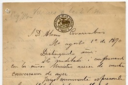 [Carta] 1890 agosto 1, [Santiago?] [al] S. D. Alvaro Covarrubias :