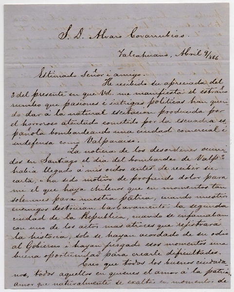 [Carta] 1866 Abril 9, Talcahuano, [a] Álvaro Covarrubias