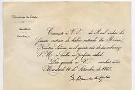 [Carta] 1865 Setiembre 16, Madrid [a] Sr. Encargado de Negocios de España en Santiago de Chile