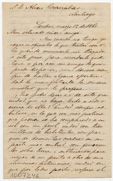[Carta] 1868 Marzo 1°, Londres [a] Álvaro Covarrubias :