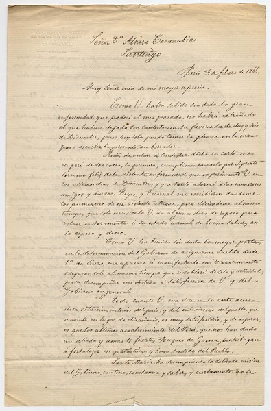 [Carta] 1866 febrero 26, Paris [a] Álvaro Covarrubias