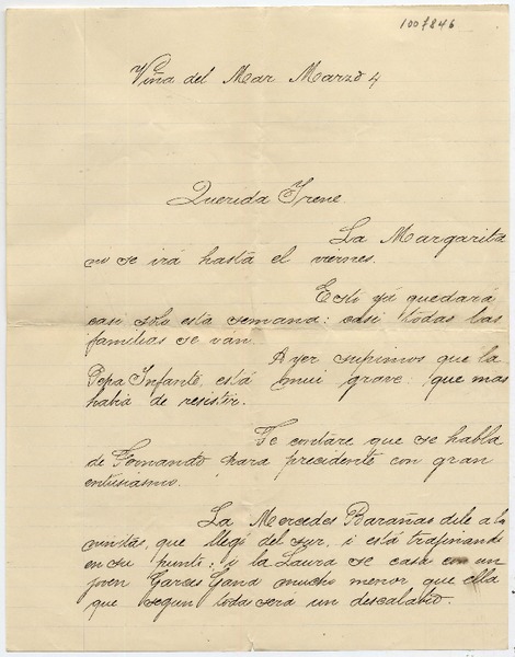 [Carta] [1913?] Marzo 4, Viña del Mar [para Doña Irene Lazcano Echaurren]