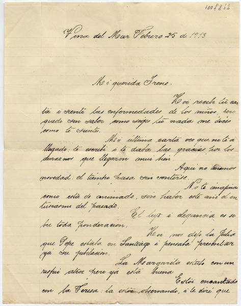 [Carta] 1913 Febrero 25, Viña del Mar [para Doña Irene Lazcano Echaurren]