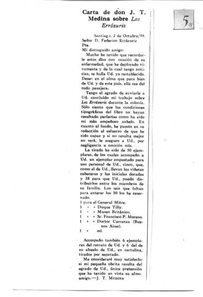 [Carta de Don J.T. Medina sobre los Errázuriz. Santiago, 2 de octubre98]