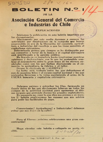 Boletín de la Asociación General del Comercio e Industrias de Chile.