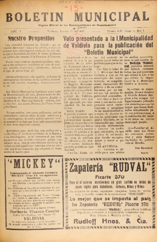 Boletín municipal [Municipalidad de Valdivia].