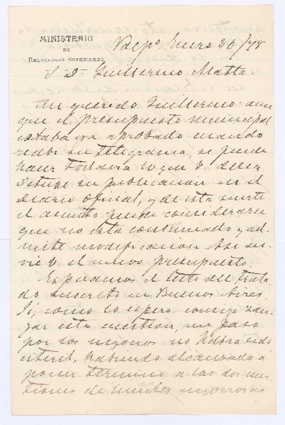 [Carta], 1878 ene. 30 Valparaíso, Chile <a> Guillermo Matta