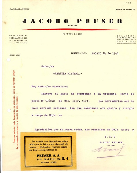 [Carta] 1944 ago. 24, Buenos Aires [a] Gabriela Mistral