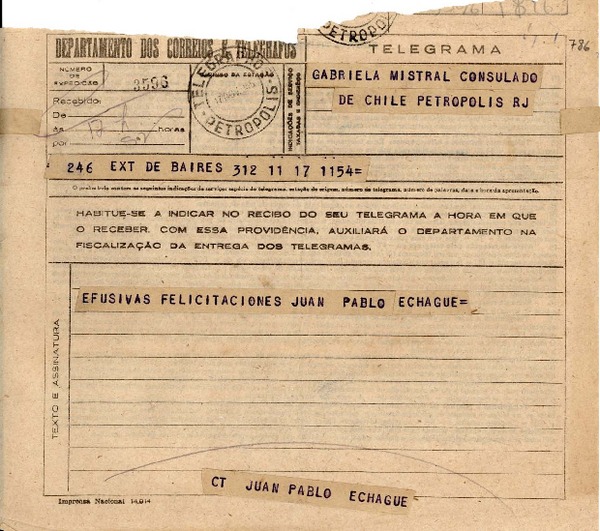 Telegrama [1945 nov. 17], B. Aires, [Argentina] [a] Gabriela Mistral, Consulado de Chile, Petrópolis, R.J.