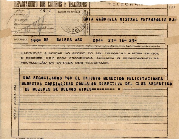 Telegrama 1945 [nov. a] Gabriela Mistral, Petrópolis, R.J.