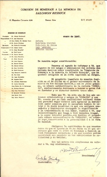 [Carta] 1947 ene., Buenos Aires, [Argentina] [a] Gabriela Mistral, Embajada de Chile, Los Angeles, Estados Unidos
