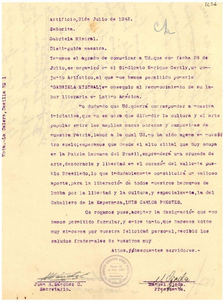 [Carta] 1943 jul. 31, La Calera, [Chile] [a] Gabriela Mistral