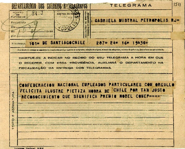 [Telegrama] 1945 nov. 17, Santiago, Chile [a] Gabriela Mistral, Petrópolis, [Brasil]