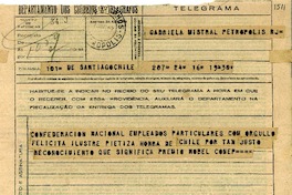 [Telegrama] 1945 nov. 17, Santiago, Chile [a] Gabriela Mistral, Petrópolis, [Brasil]