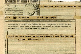 [Telegrama] 1945 nov. 17, La Serena [a] Gabriela Mistral, Petrópolis