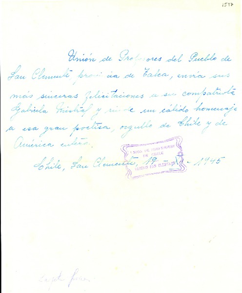 [Carta] 1945 nov. 19, San Clemente, Chile [a] Gabriela Mistral