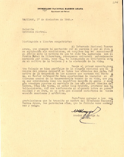 [Carta] 1945 dic. 1, Santiago, Chile [a] Gabriela Mistral