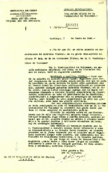 [Carta] 1946 ene. 7, Santiago, Chile [al] Embajador de Chile en Francia, París, Francia
