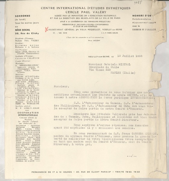 [Carta] 1955 juil. 18, Neuilliy-sur-Seine, Paris, [Francia] [a] Gabriela Mistral, Naples, Italie