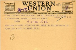 [Telegrama] 1946 mayo 13, Santiago, Chile [a] Gabriela Mistral, Los Angeles