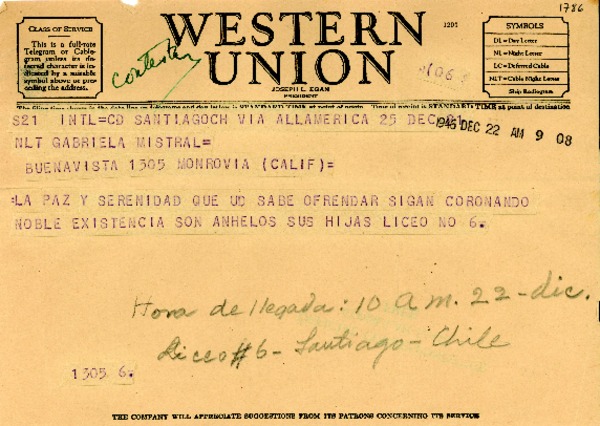 [Telegrama] 1946 dic. 22, Santiago, [Chile] [a] Gabriela Mistral, Monrovia, Calif[ornia], [EE.UU.]