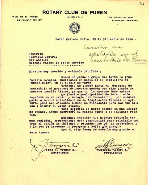 [Carta] 1946 dic. 29, Purén, Malleco, Chile [a] Gabriela Mistral, Los Ángeles, California