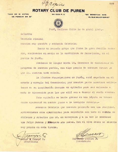 [Carta] 1947 abr. 1, Purén, Malleco, Chile [a] Gabriela Mistral, Los Ángeles, California