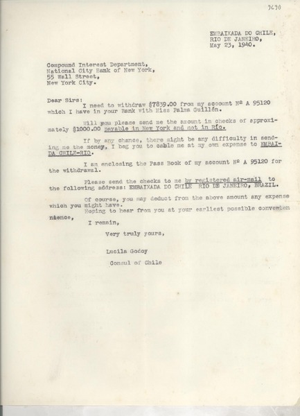 [Carta] 1940 May 23, Rio de Janeiro, [Brasil] [al] National City Bank of New York, New York city, [EE.UU.]