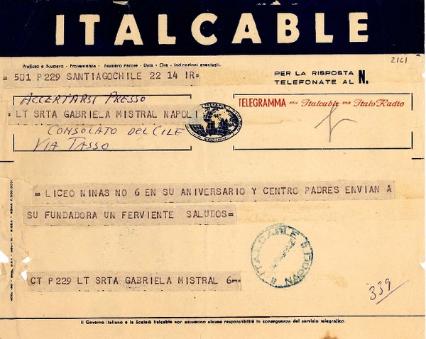 [Telegrama] 1952 magg. 14, Santiago, Chile [a] Gabriela Mistral, Napoli, [Italia]