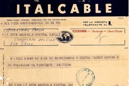 [Telegrama] 1952 magg. 14, Santiago, Chile [a] Gabriela Mistral, Napoli, [Italia]
