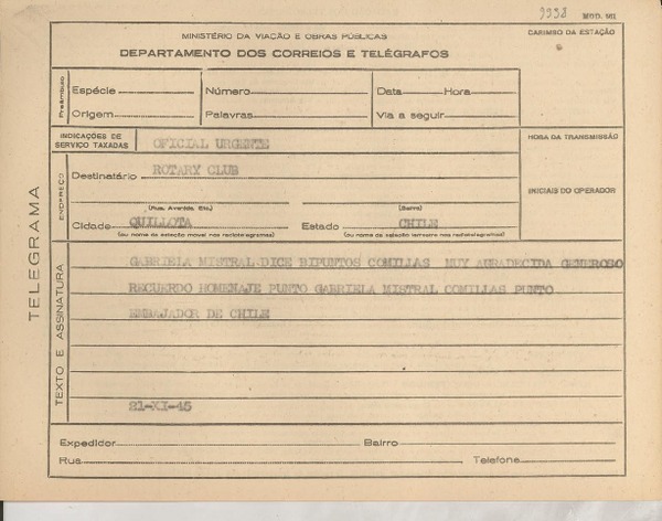 [Telegrama] 1945 nov. 21, [Brasil] [al] Rotary Club, Quillota, Chile