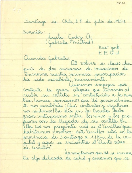 [Carta] 1954 jul. 28, Santiago, [Chile] [a] Lucila Godoy A., New York, EE.UU.