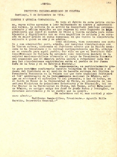 [Carta] 1954 sept. 5, Santiago, [Chile a Gabriela Mistral]