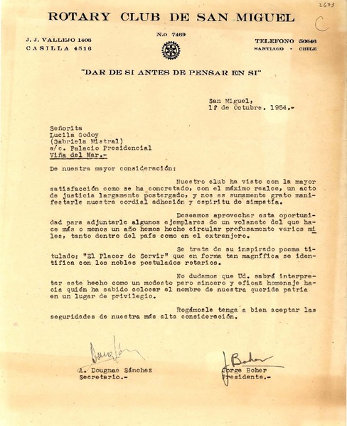 [Carta] 1954 oct. 1, Santiago [a] Lucila Godoy, Viña del Mar
