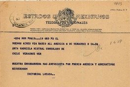 [Telegrama] [1950] oct. 6, Buenos Aires [a] Gabriela Mistral, Consulado de Chile, Veracruz