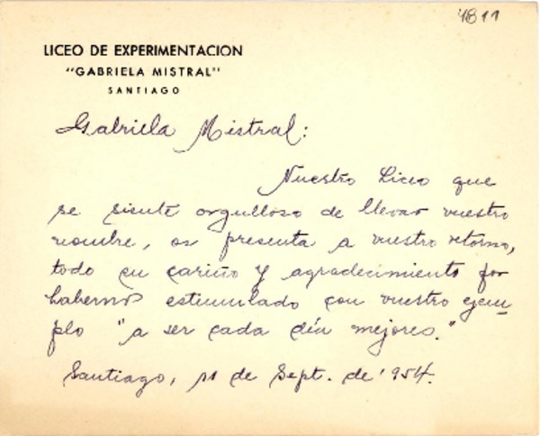 [Tarjeta] 1954 sept. 11, Santiago, [Chile] [a] Gabriela Mistral