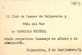 [Tarjeta] 1954 sept. 8, Valparaíso, [Chile] [a] Gabriela Mistral