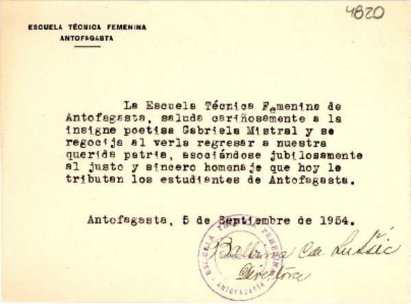 [Tarjeta] 1954 sept. 5, Antofagasta, [Chile] [a] Gabriela Mistral