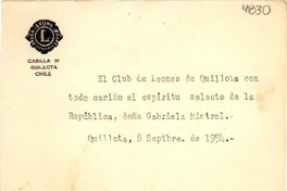 [Tarjeta] 1954 sept. 8, Quillota [a] Gabriela Mistral