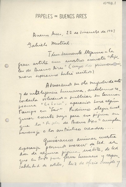 [Carta] 1943 dic. 22, Buenos Aires, [Argentina] [a] Gabriela Mistral