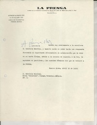 [Carta] 1949 abr. 12, Buenos Aires, [Argentina] [a] Gabriela Mistral, Hotel "Salmones", Jalapa, Veracruz, México