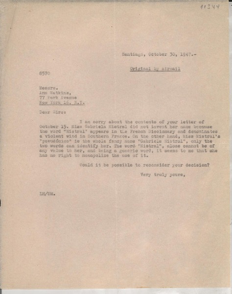 [Carta] 1947 Oct. 30, Santiago, Chile [a] Ann Watkins [Inc.], New York, [EE.UU.]