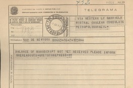 [Telegrama] 1942 jul. 7, New York, [EE.UU.] [a] Gabriela Mistral, Petropolis, Brazil