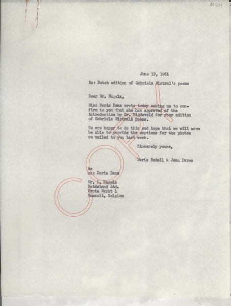 [Carta] 1961 June 19, [New York], [EE.UU.] [a] Mr. L. Nagels, Hasselt, Belgium