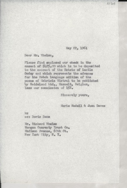 [Carta] 1961 May 22, [EE.UU.] [al] Dear Mr. Richard Whelan, Morgan Guaranty Trust Co., New York City, [EE.UU.]