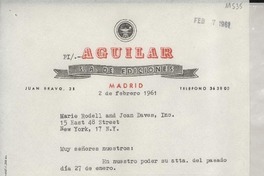 [Carta] 1961 feb. 2, Madrid, [España] [a] Marie Rodell and Joan Daves, New York, [EE.UU.]