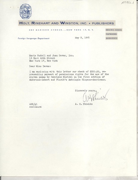 [Carta] 1961 May 3, New York, N. Y., [EE.UU.] [a] Marie Rodell and Joan Daves, Inc., New York, New York, [EE.UU.]