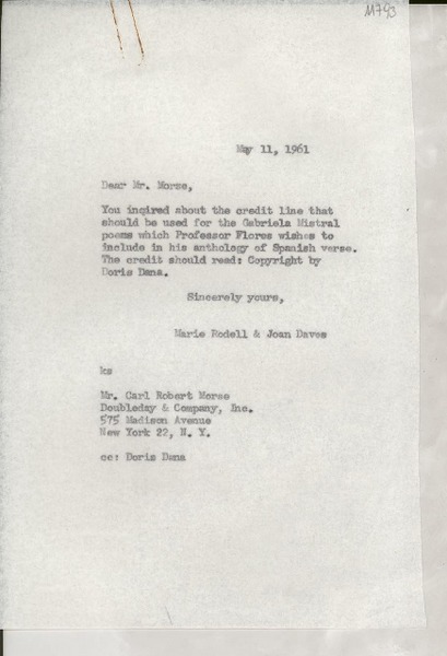 [Carta] 1961 May 11, [EE.UU.] [a] Mr. Carl Robert Morse, Doubleday & Company, Inc., New York, N. Y., [EE.UU.]