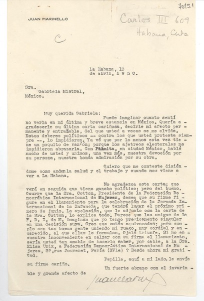 [Carta] 1950 abr. 13, La Habana [a] Gabriela Mistral, México