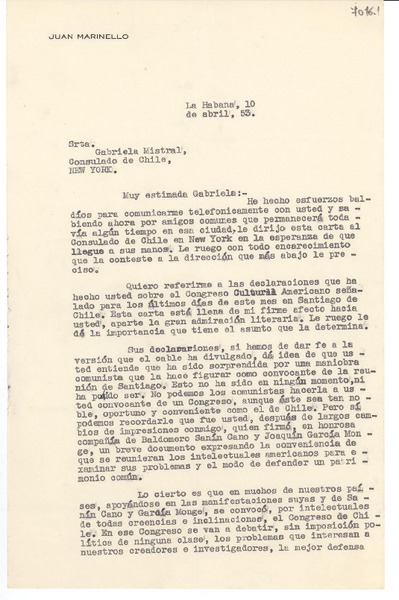 [Carta] 1953 abr. 10, La Habana [a] Gabriela Mistral, New York